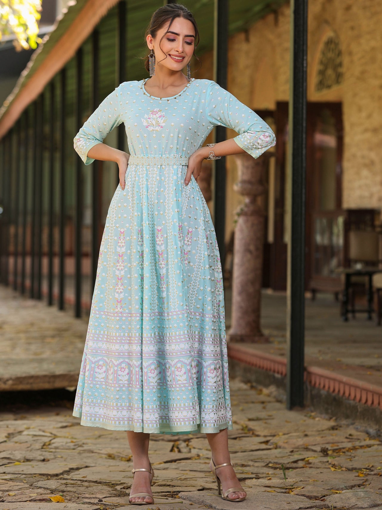 Juniper Women Sky Blue Rayon Staple Printed Maxi Dress - Distacart