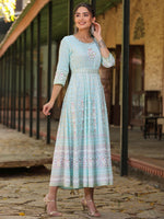 Thumbnail for Juniper Women Sky Blue Rayon Staple Printed Maxi Dress - Distacart