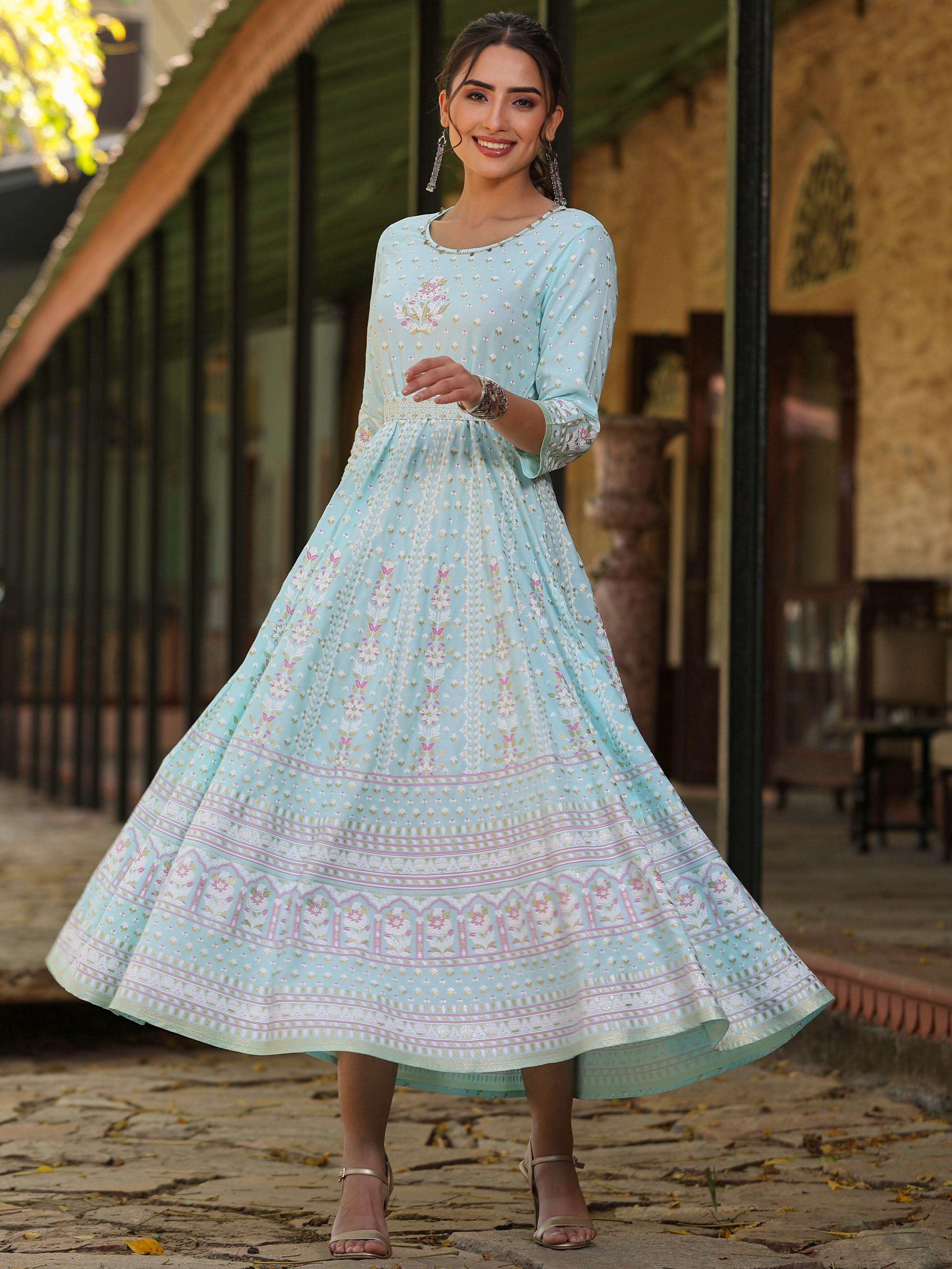 Juniper Women Sky Blue Rayon Staple Printed Maxi Dress - Distacart