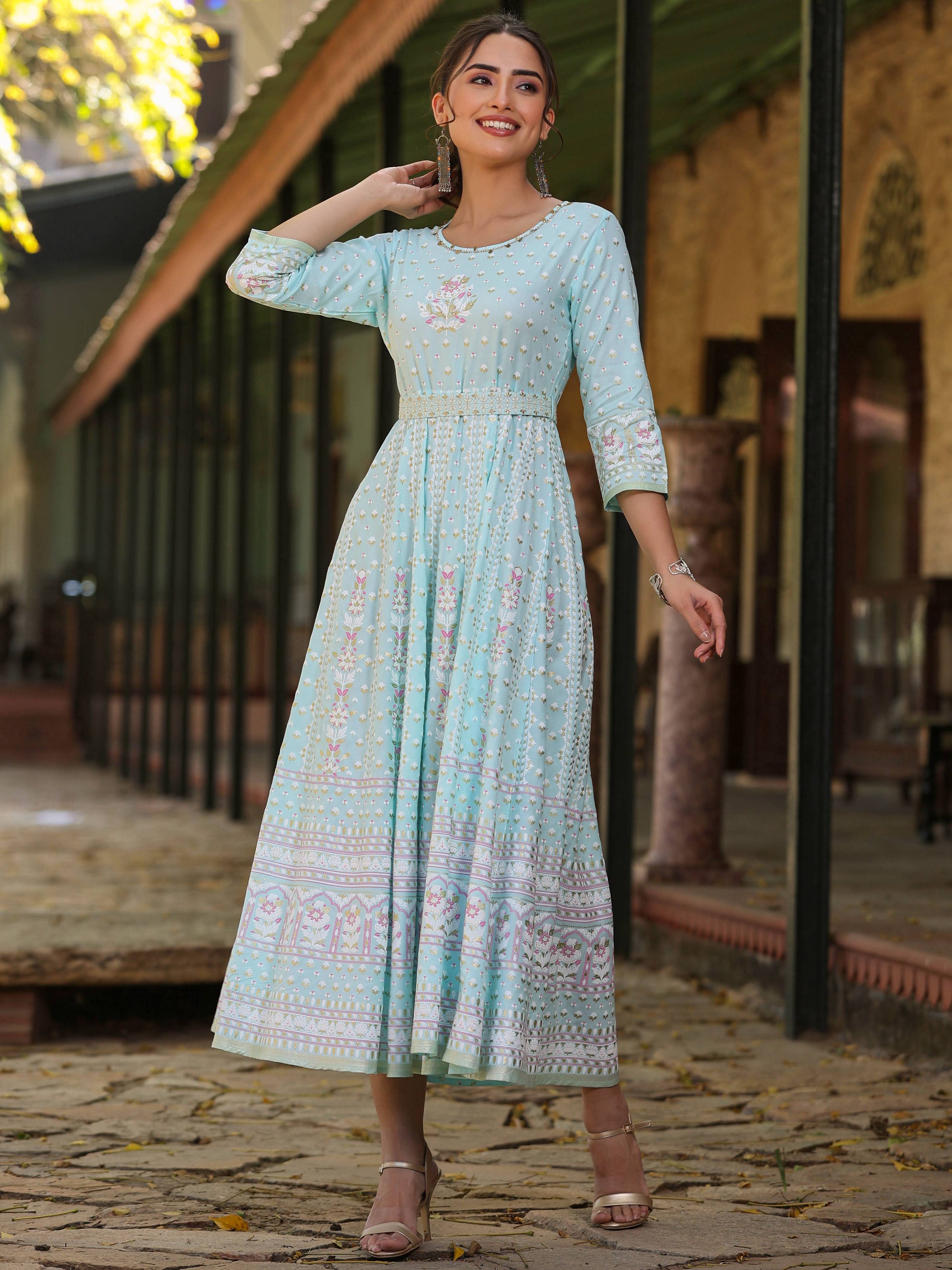 Juniper Women Sky Blue Rayon Staple Printed Maxi Dress - Distacart