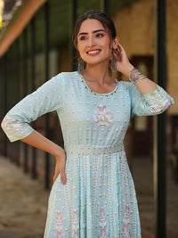 Thumbnail for Juniper Women Sky Blue Rayon Staple Printed Maxi Dress - Distacart