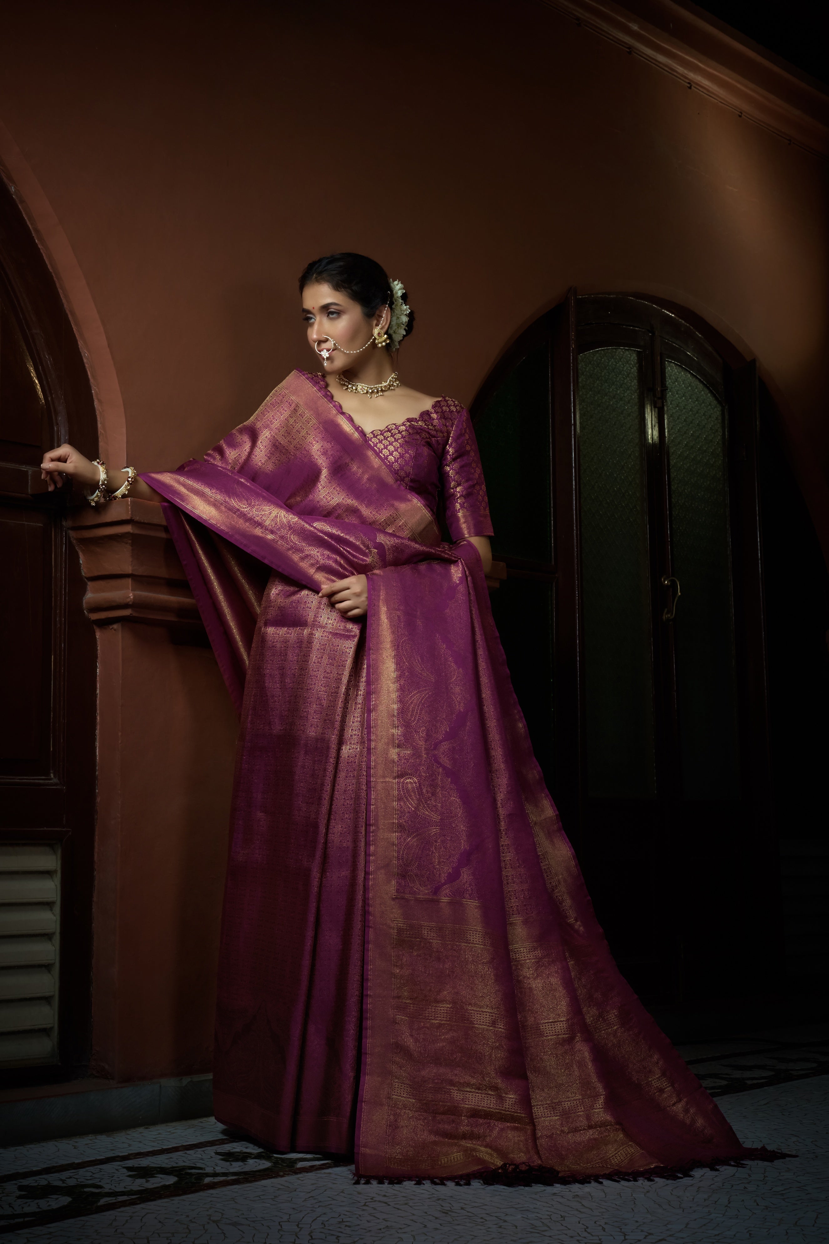 Vardha Tyrian Purple Golden Zari Kanjeevaram Silk Saree