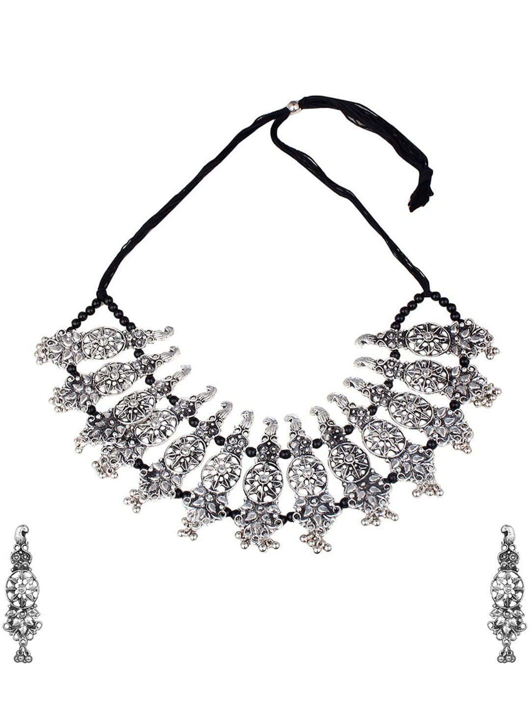 Cardinal Oxidised Silver-Plated Stone-Studded & Beaded Jewellery Set - Distacart