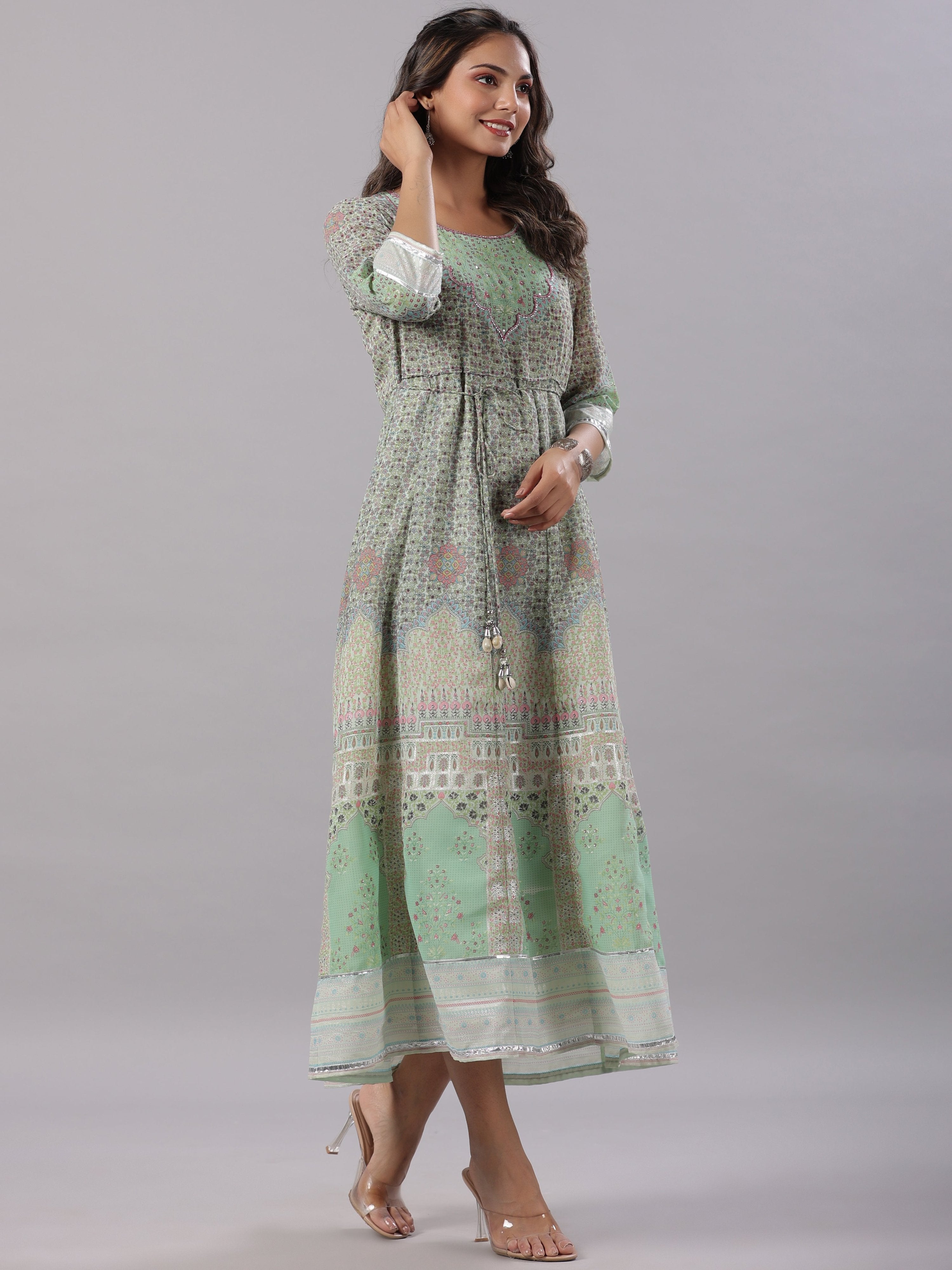 Juniper Women Green Georgette Printed Maxi Dress - Distacart