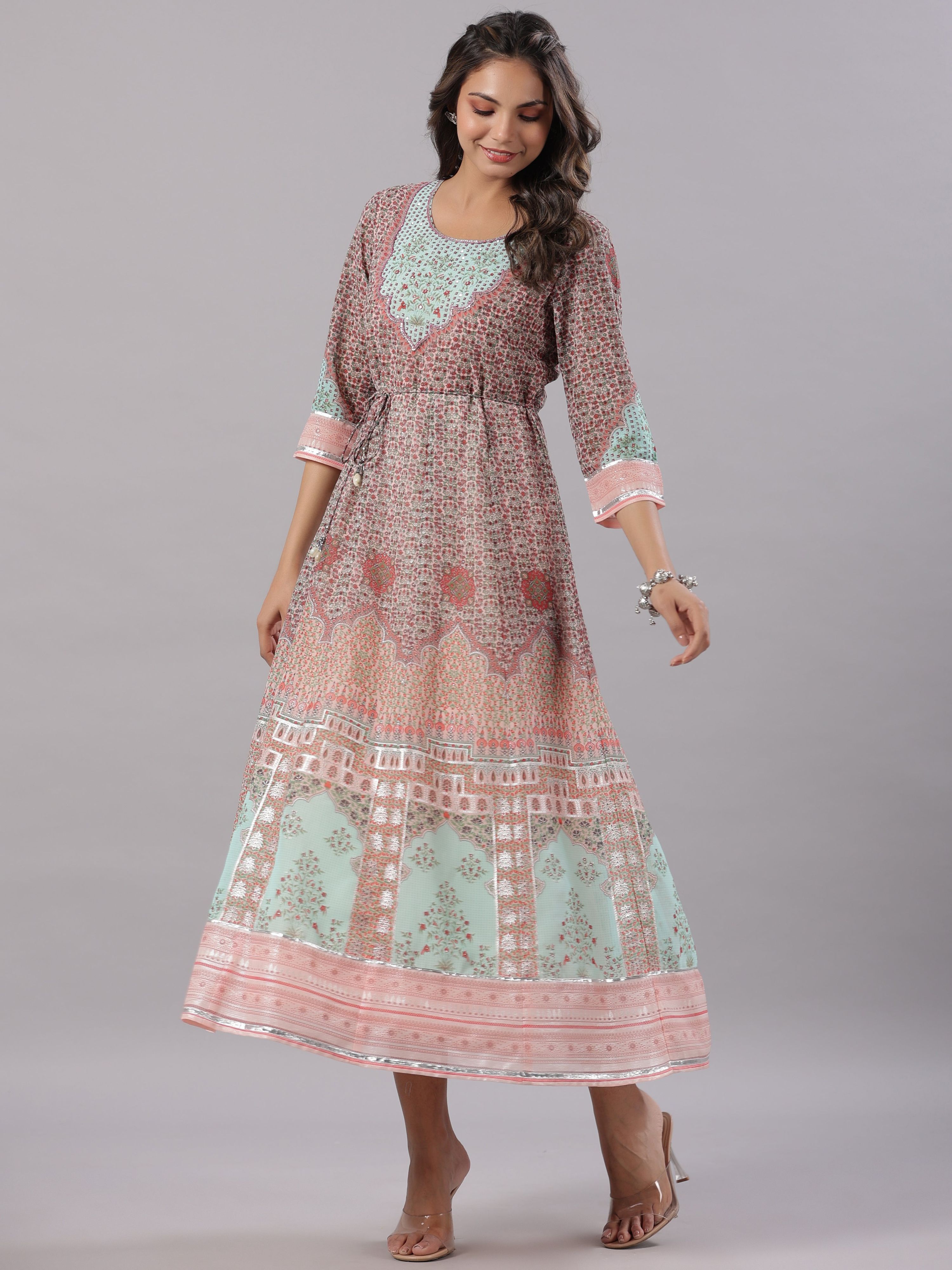 Juniper Women Peach Georgette Printed Maxi Dress - Distacart