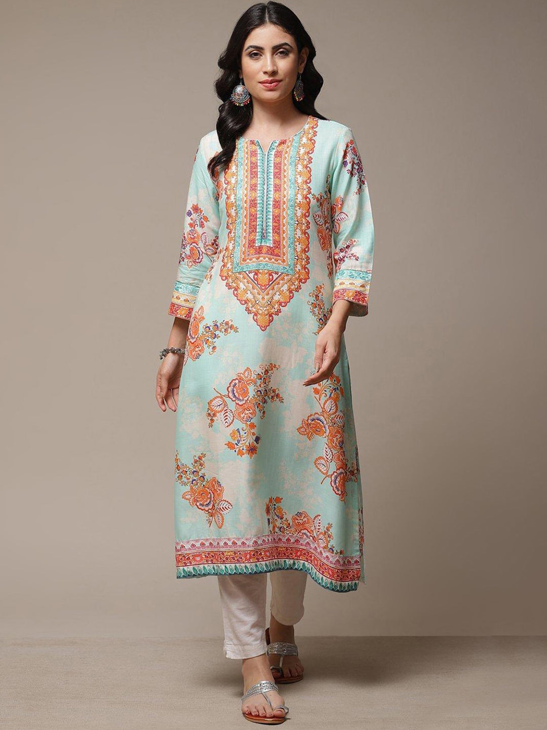Biba Ethnic Motifs Printed Notched Neck A-Line Kurta - Distacart