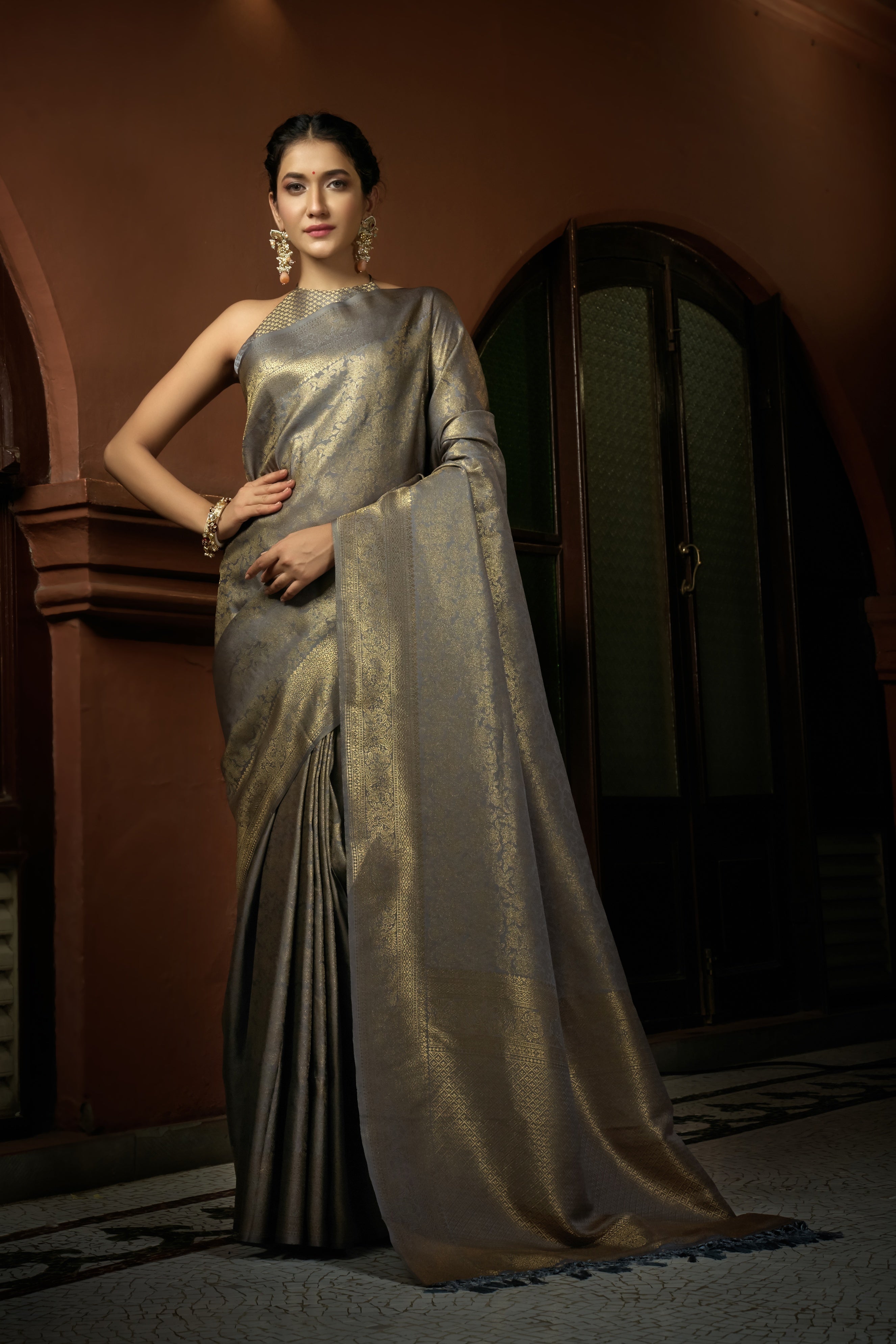 Vardha Platinum Grey Golden Zari Kanjeevaram Silk Saree