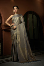 Thumbnail for Vardha Platinum Grey Golden Zari Kanjeevaram Silk Saree