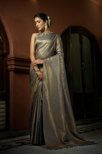 Thumbnail for Vardha Platinum Grey Golden Zari Kanjeevaram Silk Saree