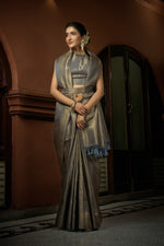 Thumbnail for Vardha Platinum Grey Golden Zari Kanjeevaram Silk Saree