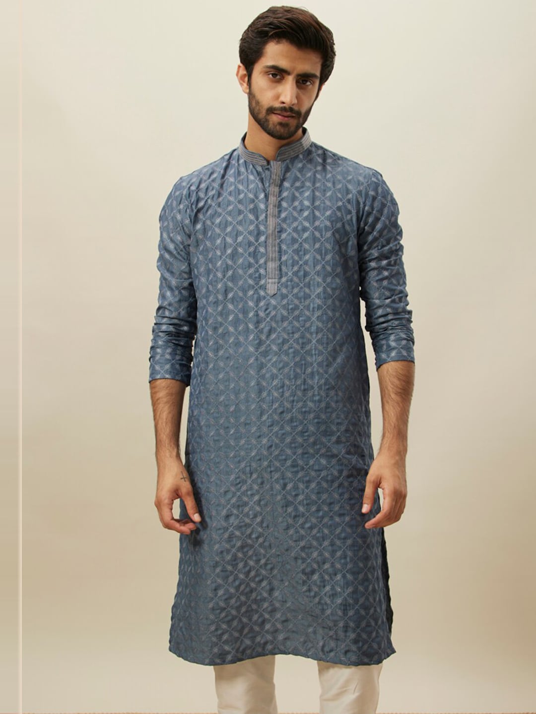 Manyavar Ethnic Motif Embroidered Mandarin Collar Kurta With Pyjamas - Distacart
