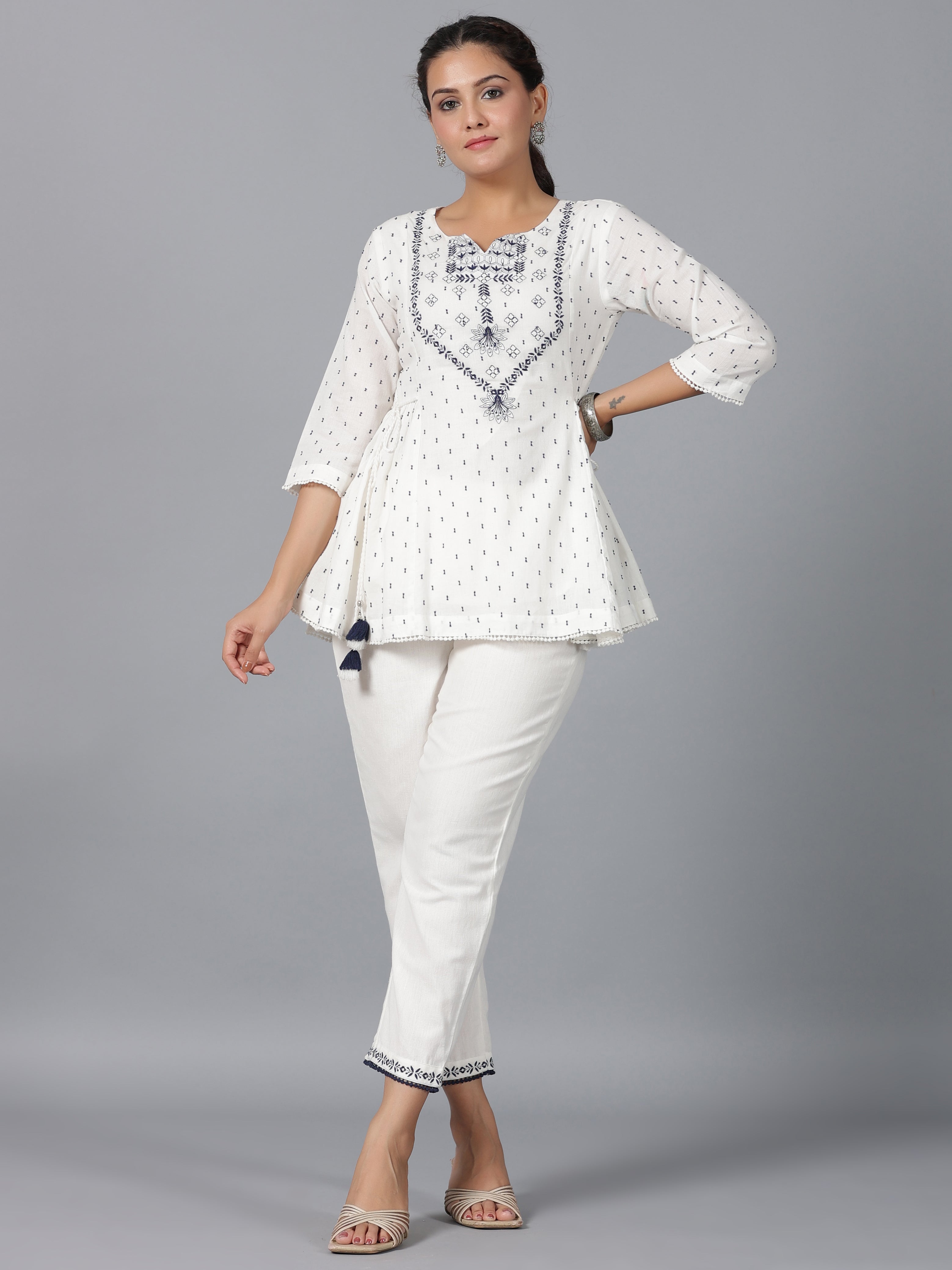 Juniper Women Off-White Cotton Dobby Embroidered Clothing Set - Distacart
