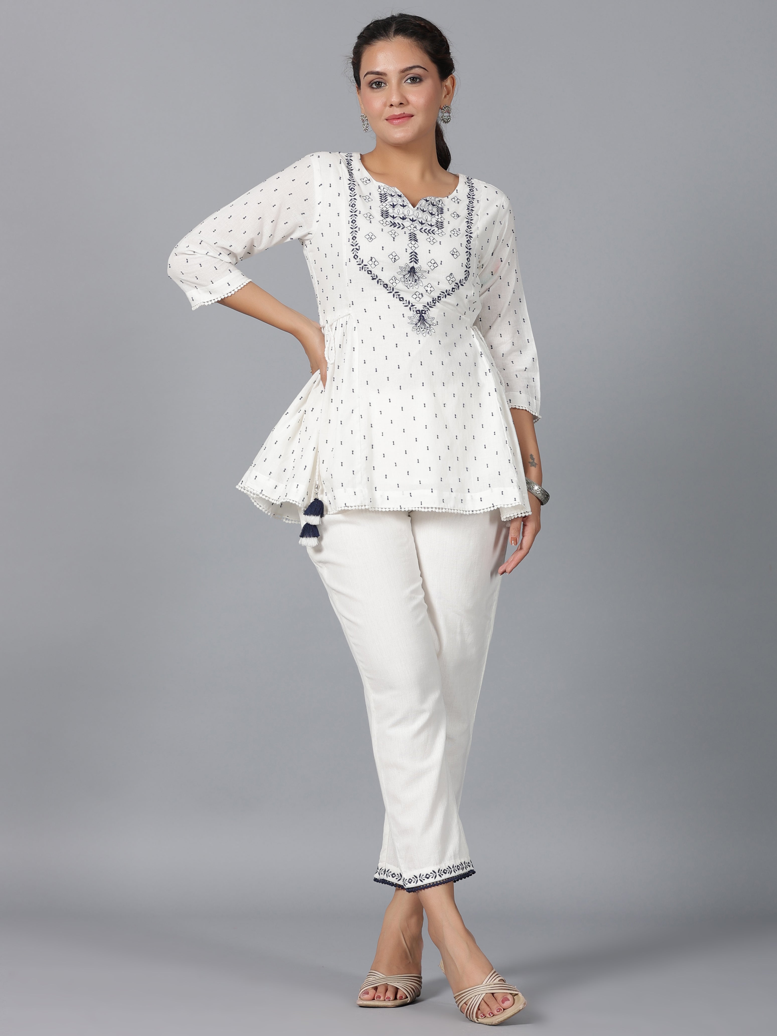 Juniper Women Off-White Cotton Dobby Embroidered Clothing Set - Distacart
