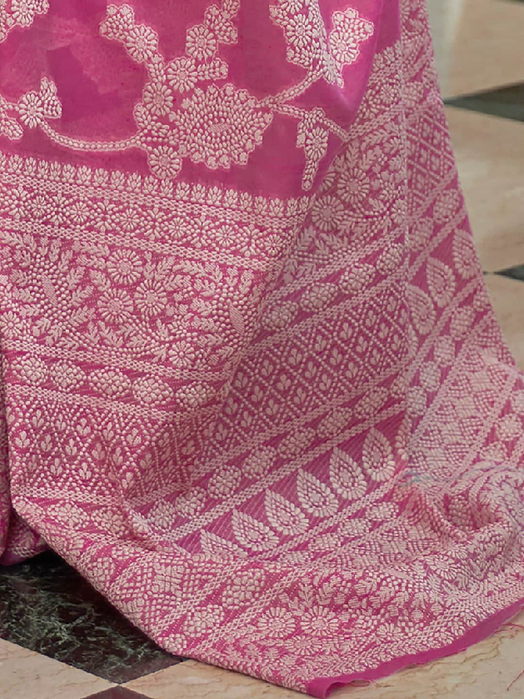Mitera Pink & White Woven Design Linen Blend Muga Saree - Distacart