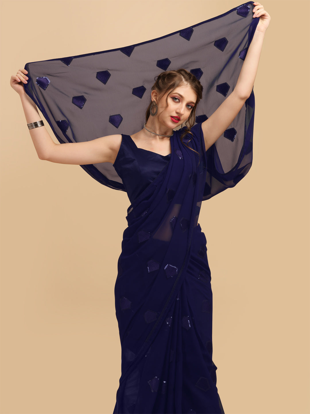 Sangria Navy Blue Sequinned Pure Georgette Saree - Distacart