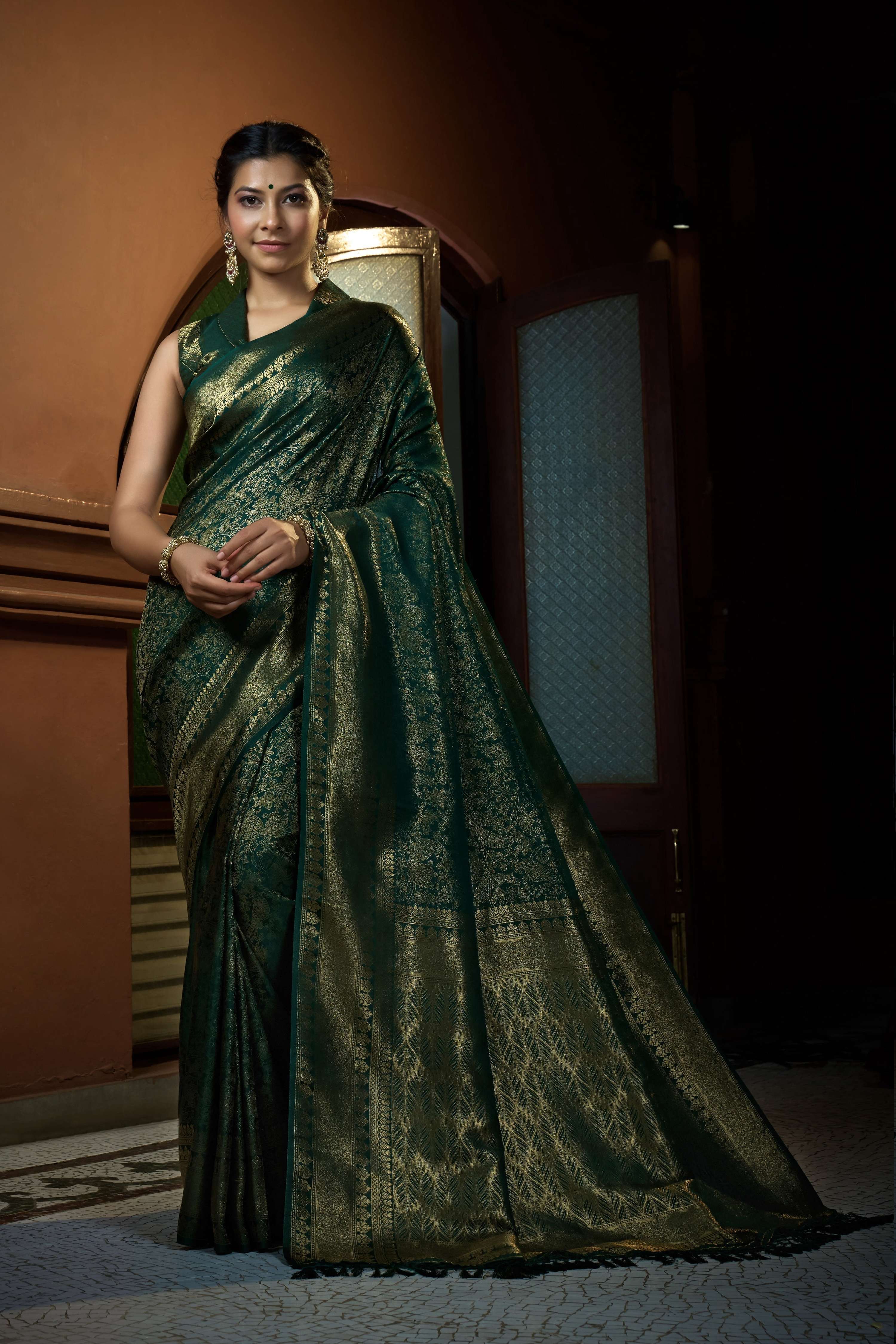 Vardha Brunswick Green Golden Zari Kanjeevaram Silk Saree