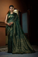 Thumbnail for Vardha Brunswick Green Golden Zari Kanjeevaram Silk Saree