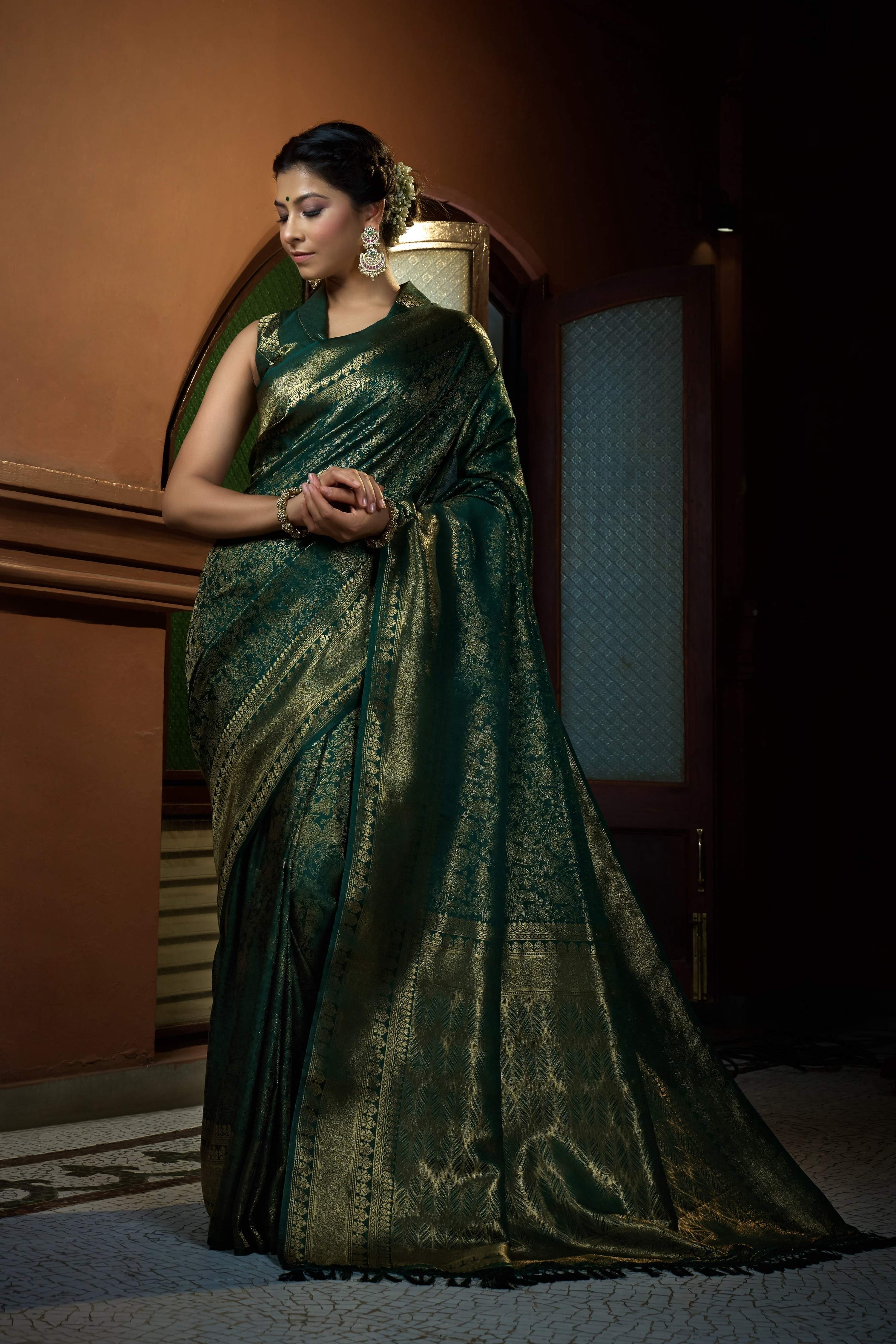 Vardha Brunswick Green Golden Zari Kanjeevaram Silk Saree