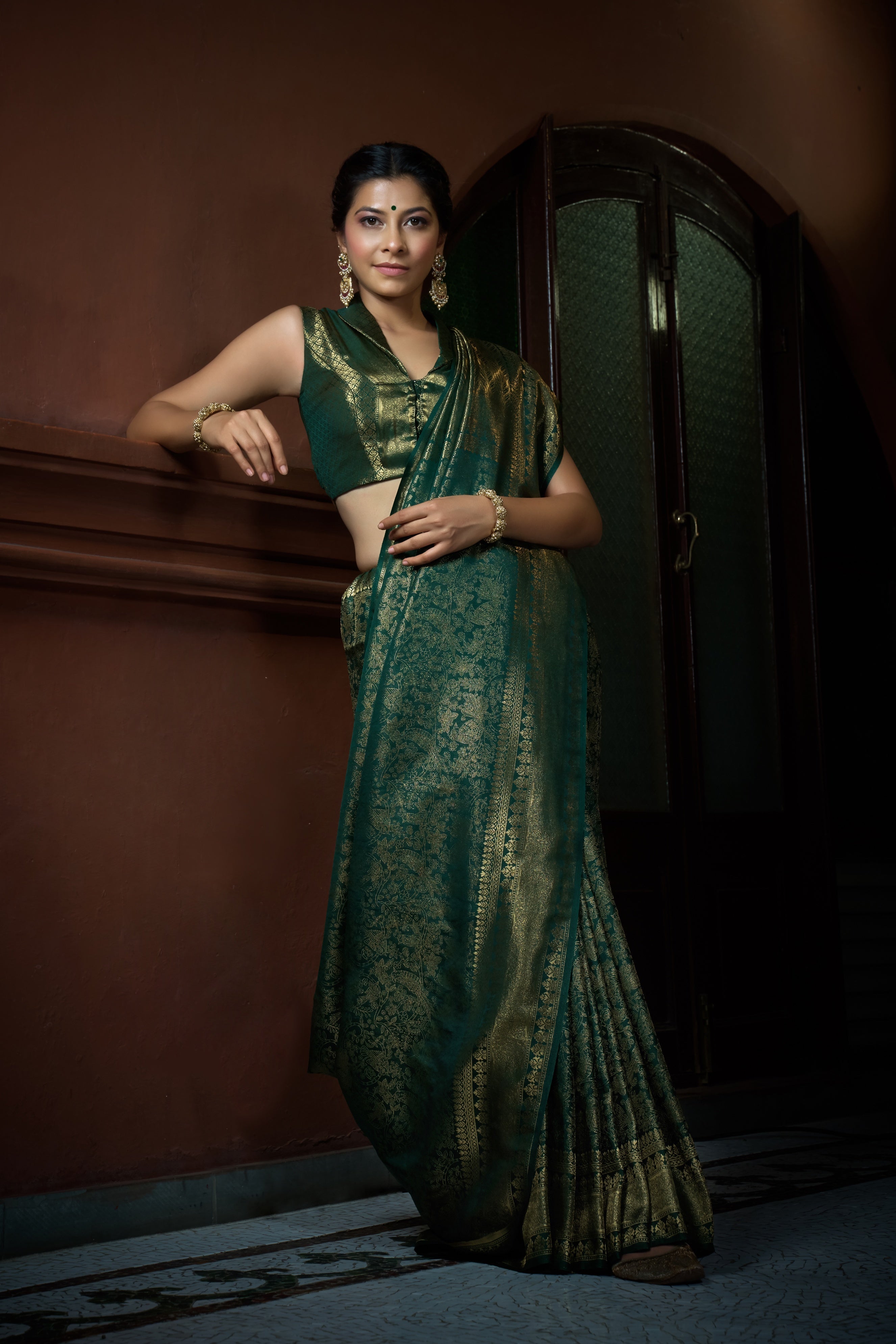 Vardha Brunswick Green Golden Zari Kanjeevaram Silk Saree