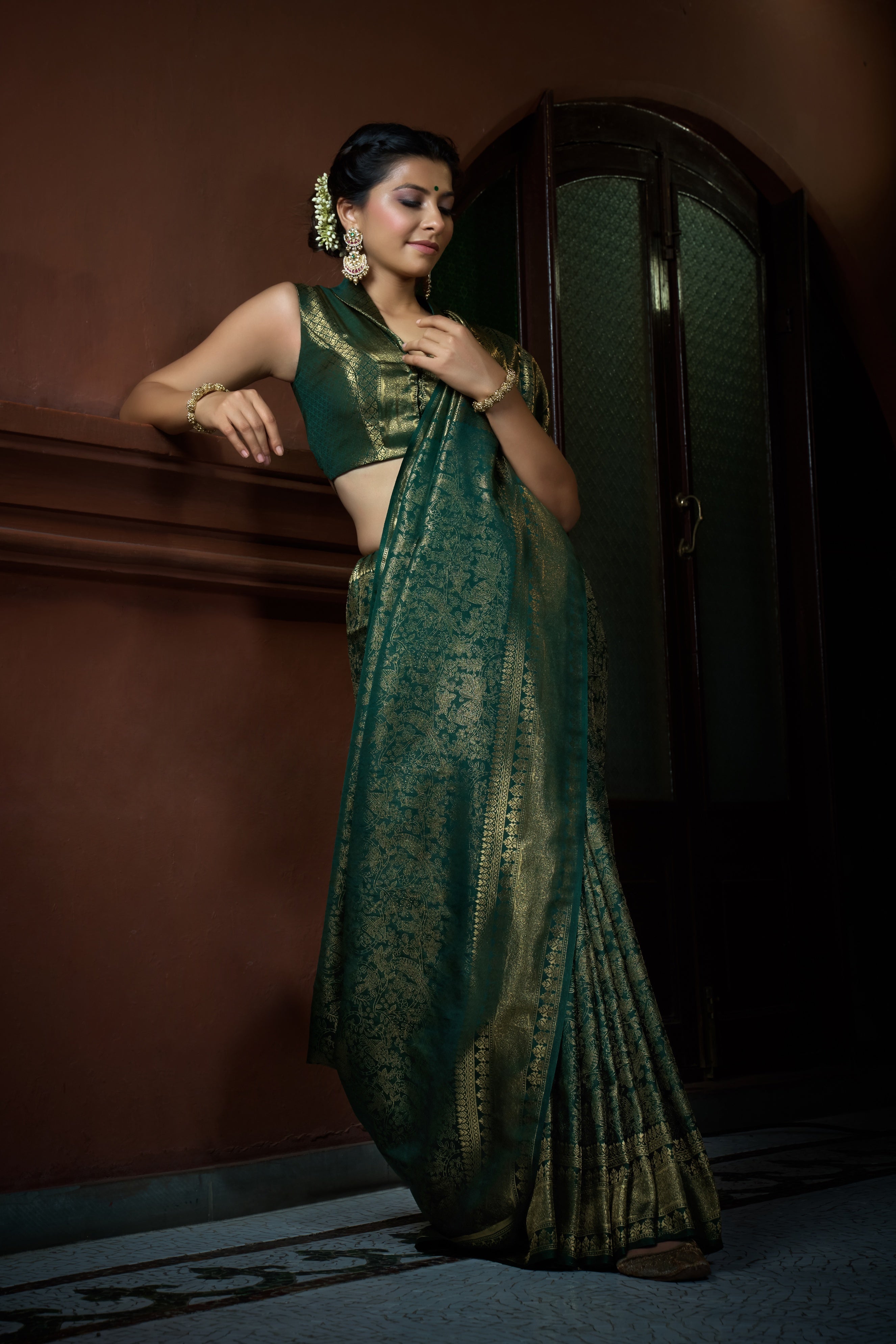 Vardha Brunswick Green Golden Zari Kanjeevaram Silk Saree