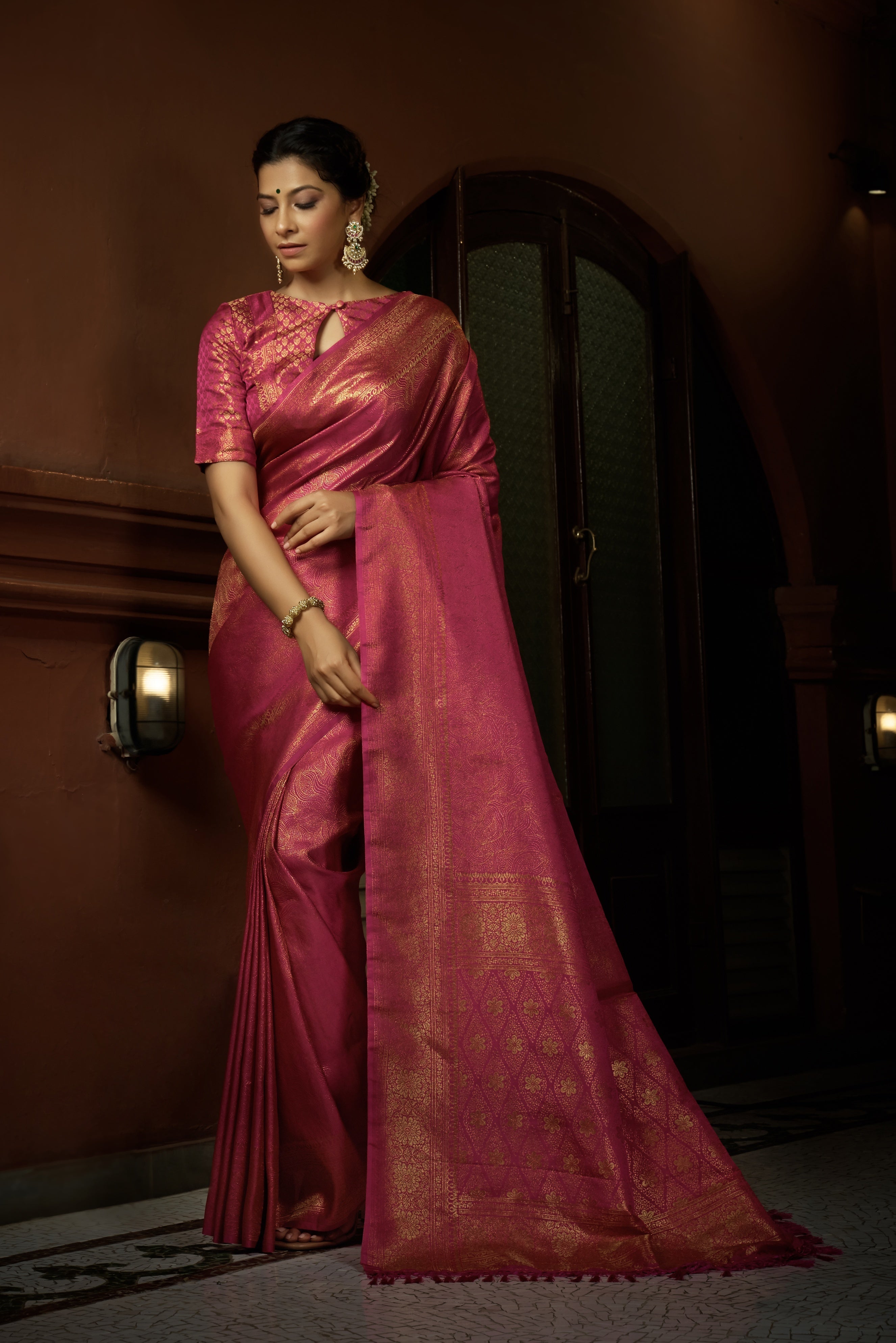 Vardha Deep Pink Golden Zari Kanjeevaram Silk Saree
