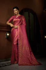 Thumbnail for Vardha Deep Pink Golden Zari Kanjeevaram Silk Saree