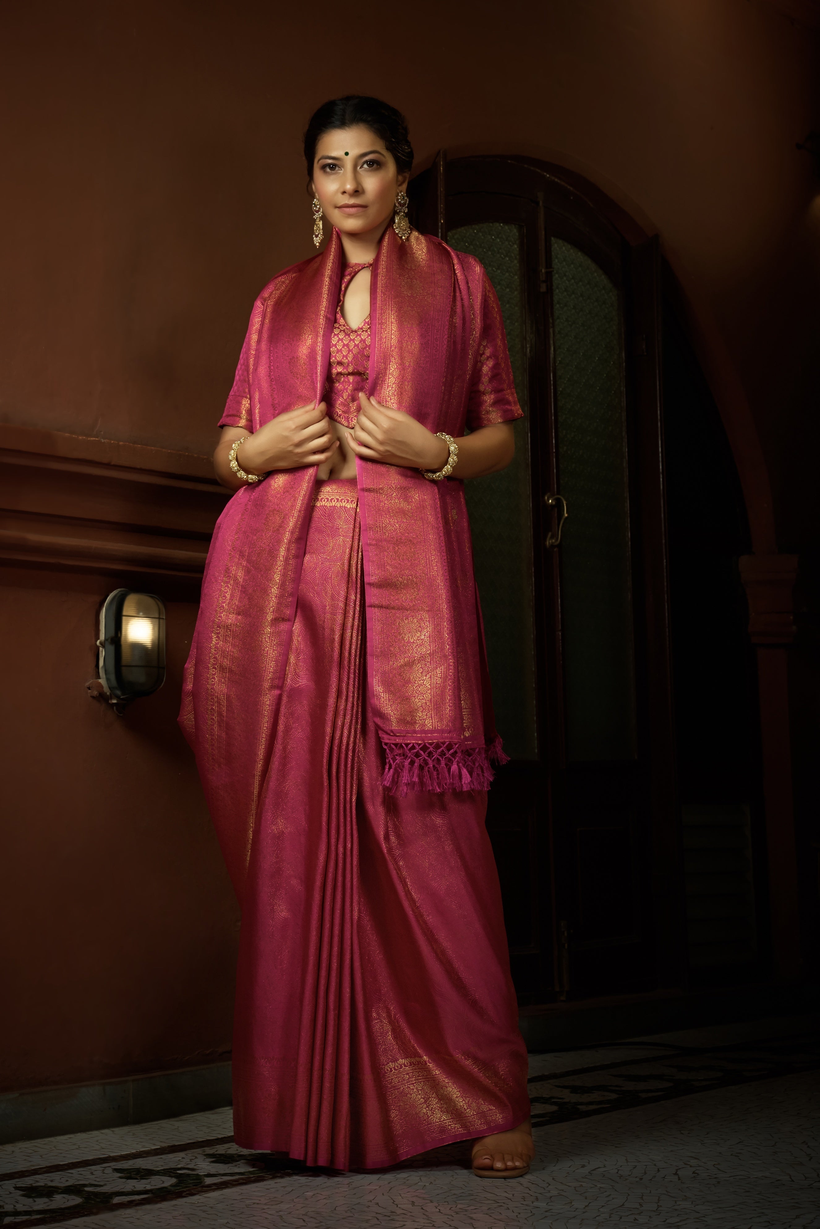 Vardha Deep Pink Golden Zari Kanjeevaram Silk Saree