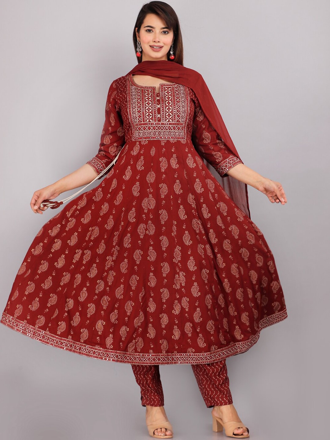 Kalini Floral Printed Mirror Work Anarkali Kurta with Trousers & Dupatta - Distacart