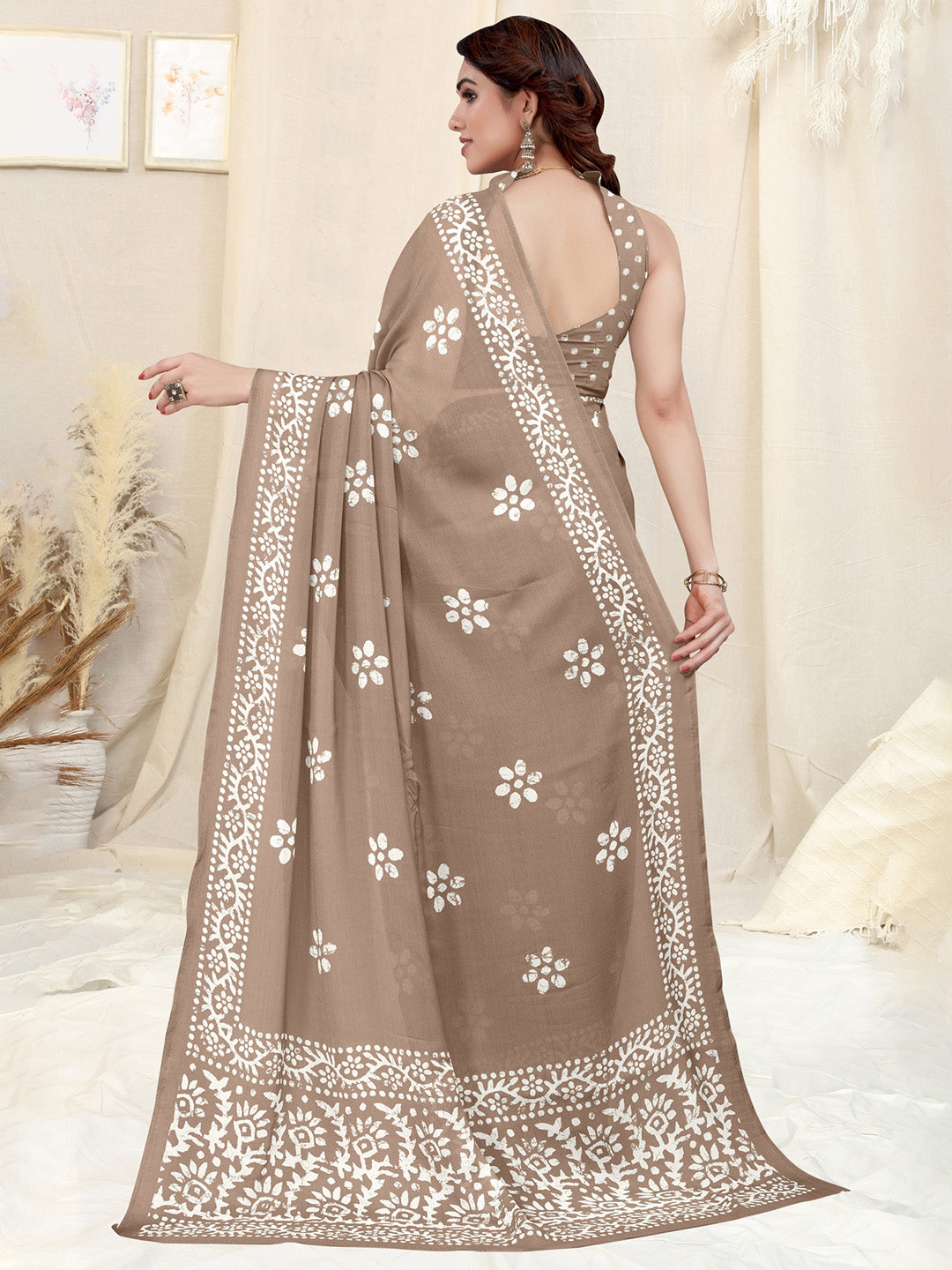 Kalini Batik Poly Chiffon Block Print Saree With Blouse Piece - Distacart