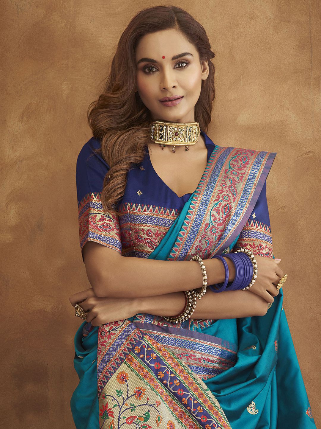 Mitera Blue & Red Woven Design Zari Silk Blend Paithani Saree - Distacart