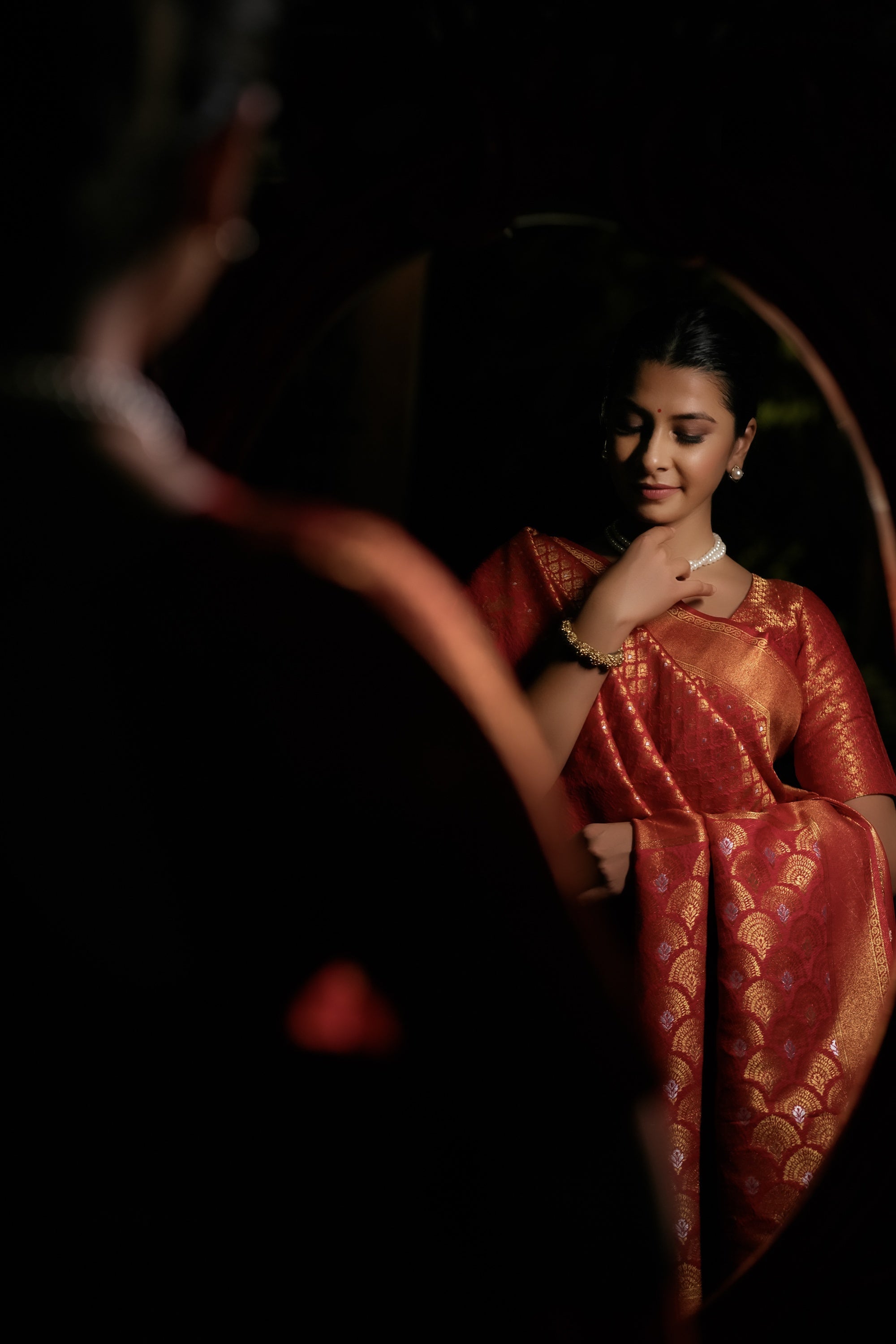 Vardha Candy Apple Red Copper-Silver Zari Kanjeevaram Silk Saree