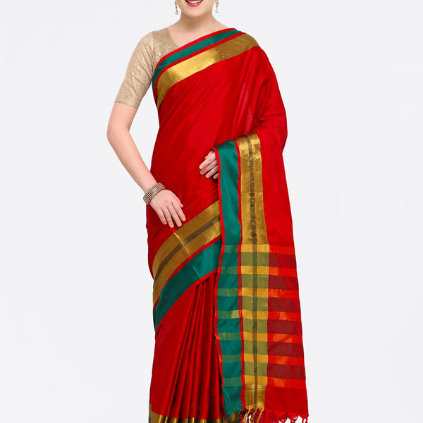 Saree Mall Red & Gold-Toned Silk Cotton Colourblocked Kanjeevaram Saree - Distacart