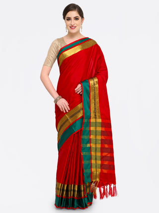 Saree Mall Red & Gold-Toned Silk Cotton Colourblocked Kanjeevaram Saree - Distacart