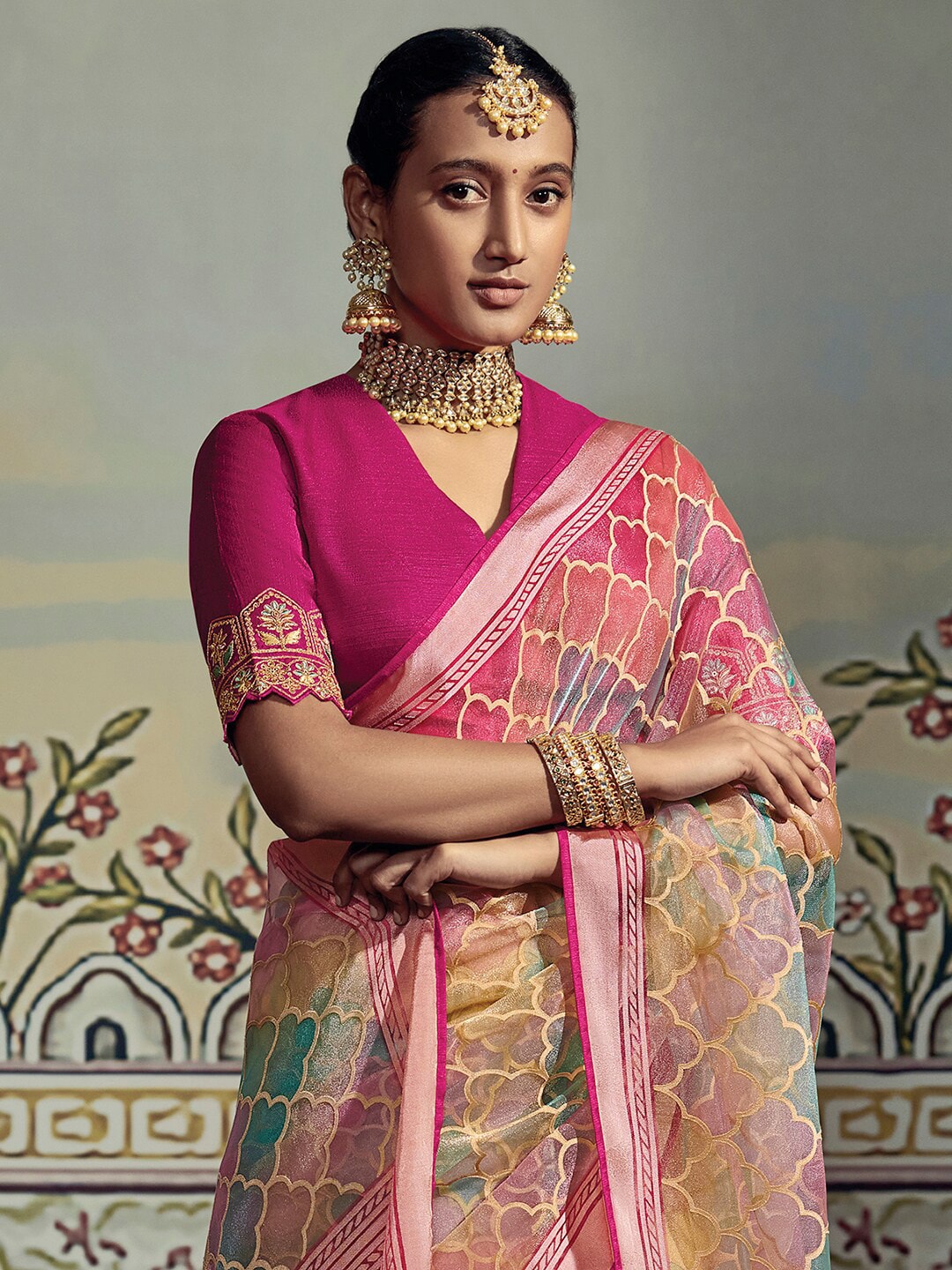 Mitera Pink & Blue Brasso Chanderi Saree - Distacart