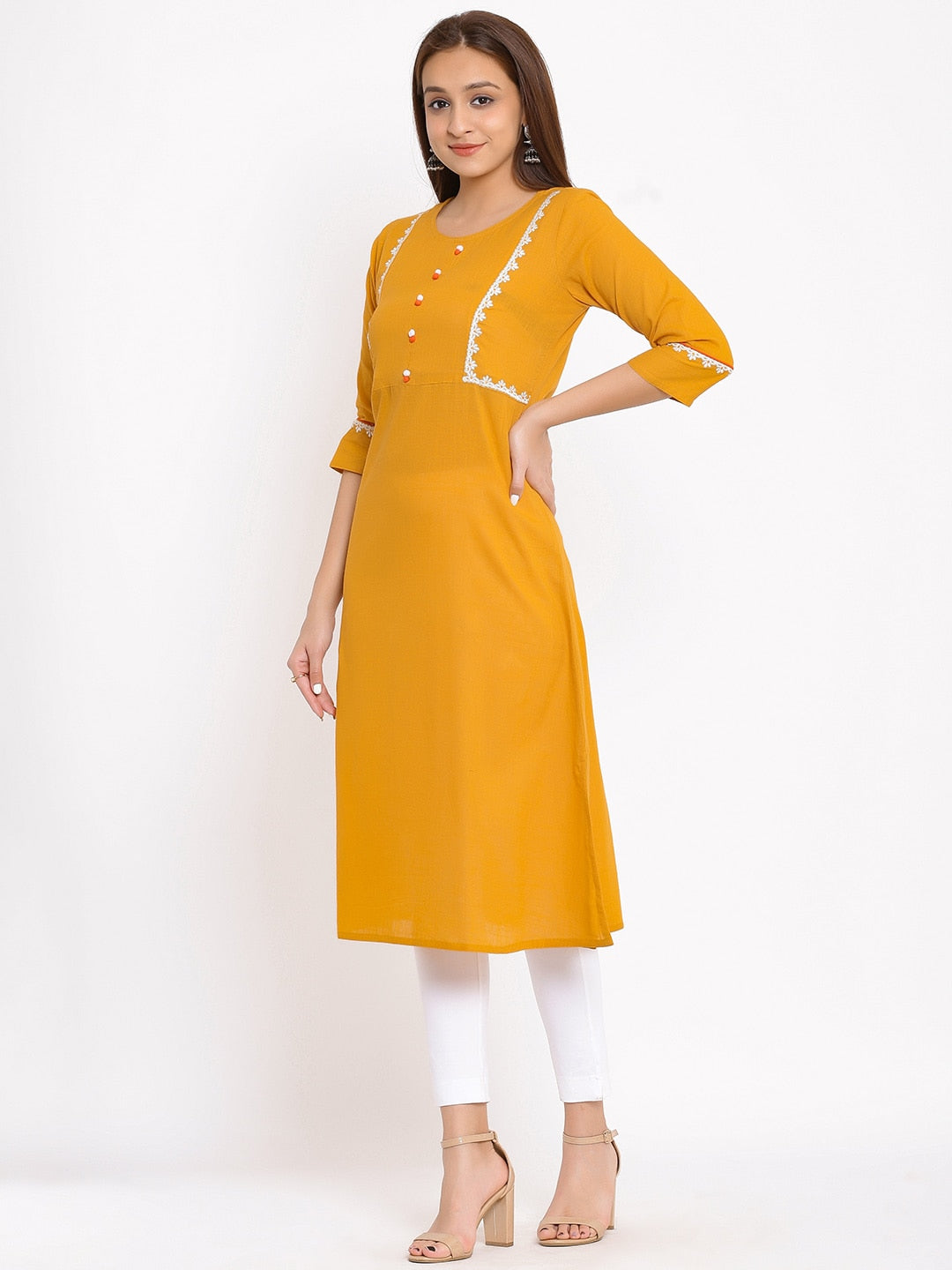 HERE&NOW Mustard Yellow & White Ethnic Motifs Embroidered Straight Kurta - Distacart