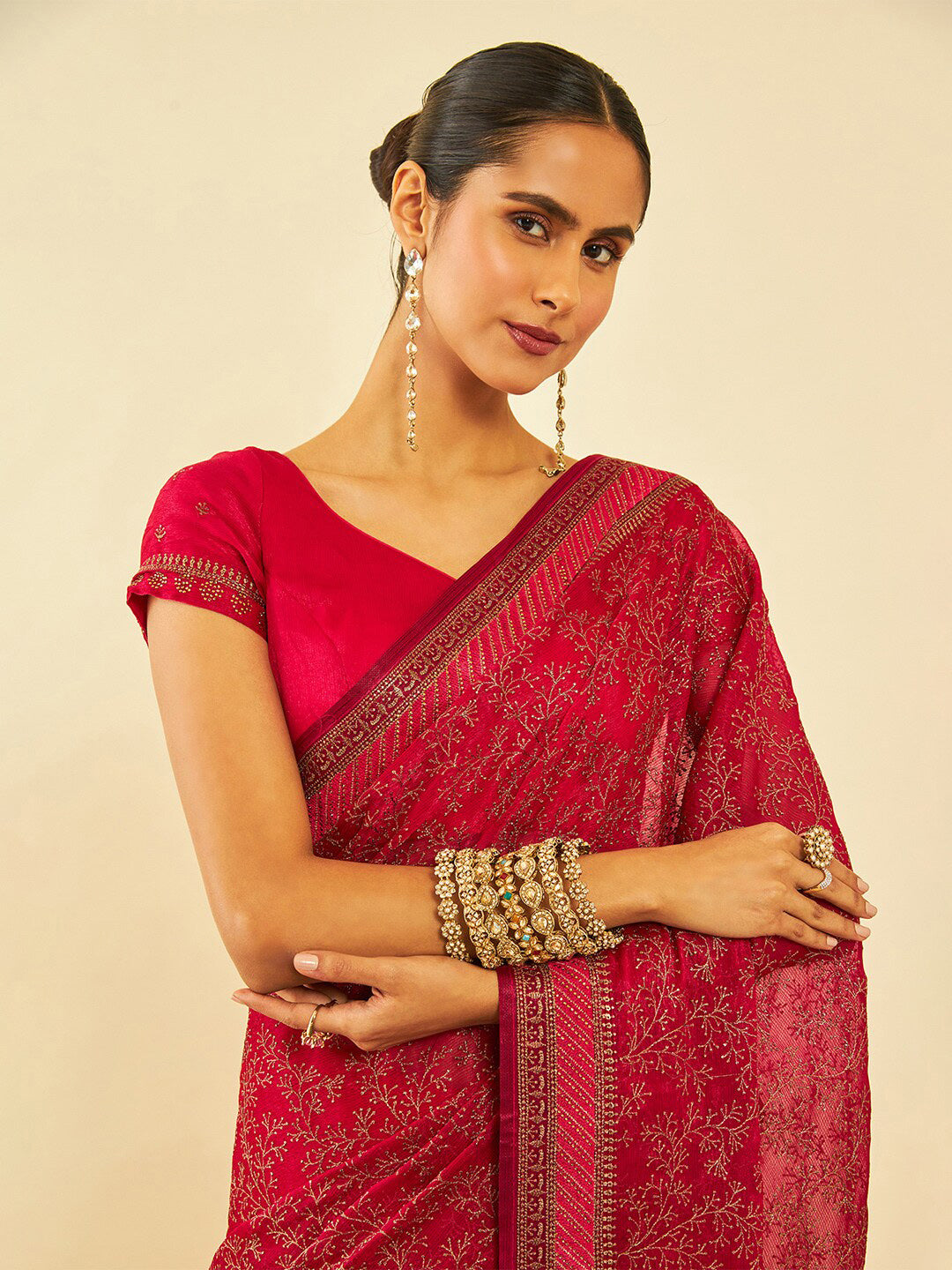 Soch Floral Embroidered Zari Pure Chiffon Saree - Distacart