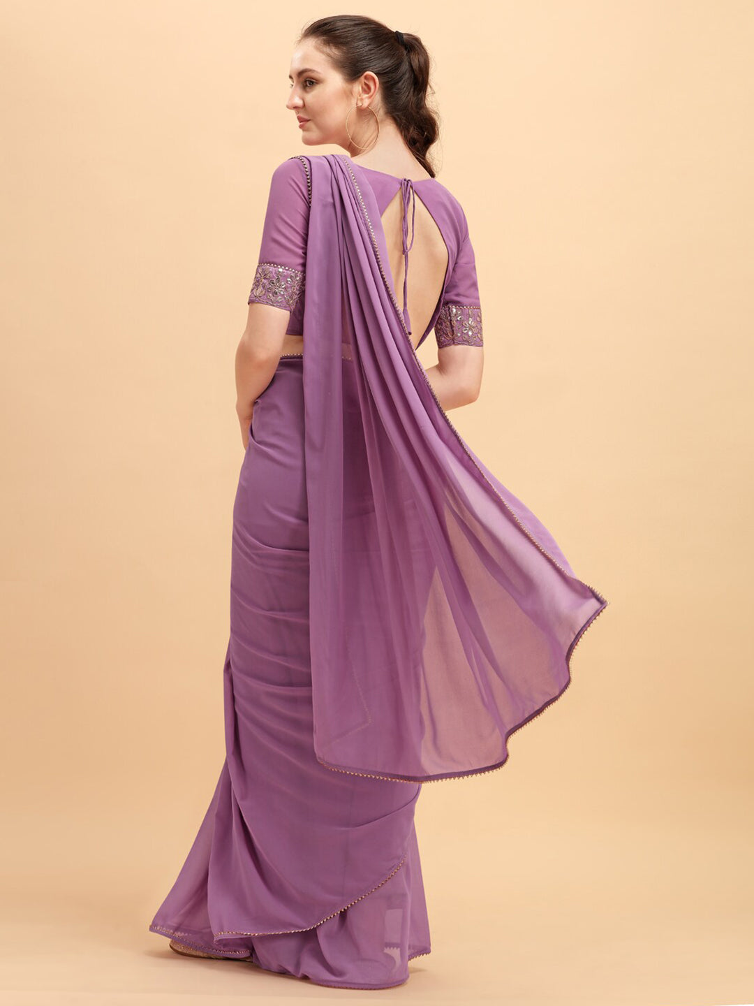 Sangria Women Purple Solid Georgette Saree with Embellished Belt - Distacart