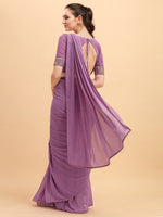 Thumbnail for Sangria Women Purple Solid Georgette Saree with Embellished Belt - Distacart
