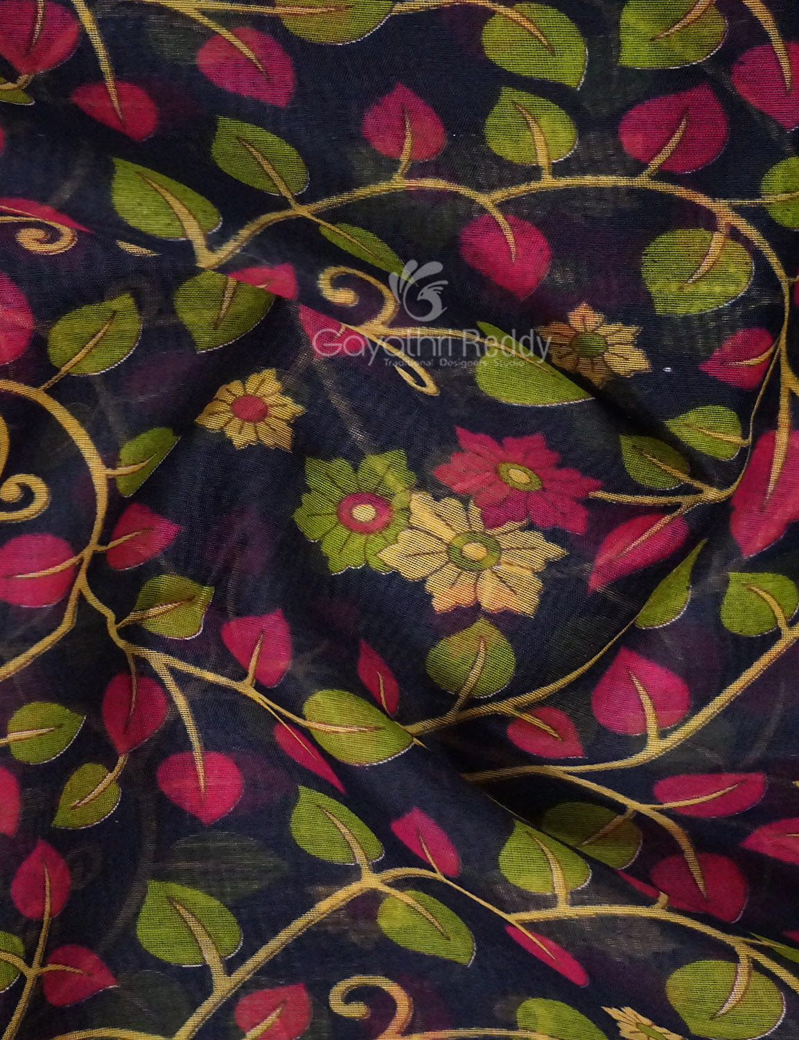Shades of Navy Blue Colour Kalamkari Design Semi Chanderi Saree By Gayathri Reddy Designer Studio - Distacart
