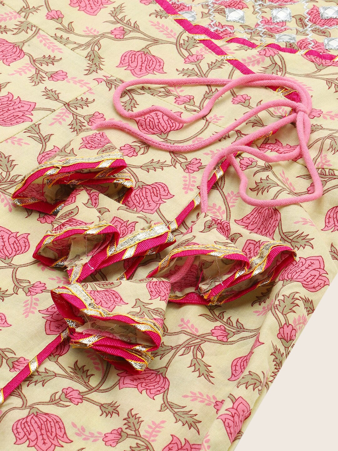 HERE&NOW Women Pink Floral Printed Angrakha Pure Cotton Kurta with Trousers & With Dupatta - Distacart