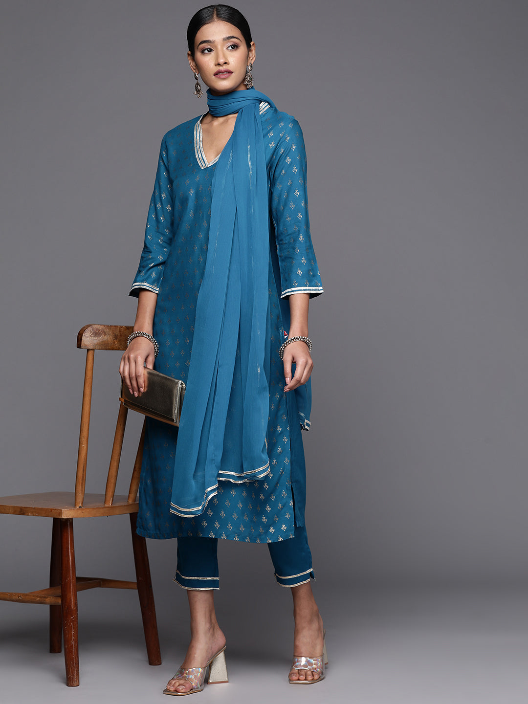 Biba Women Ethnic Motifs Print Gotta Patti Kurta with Trousers & Dupatta - Distacart