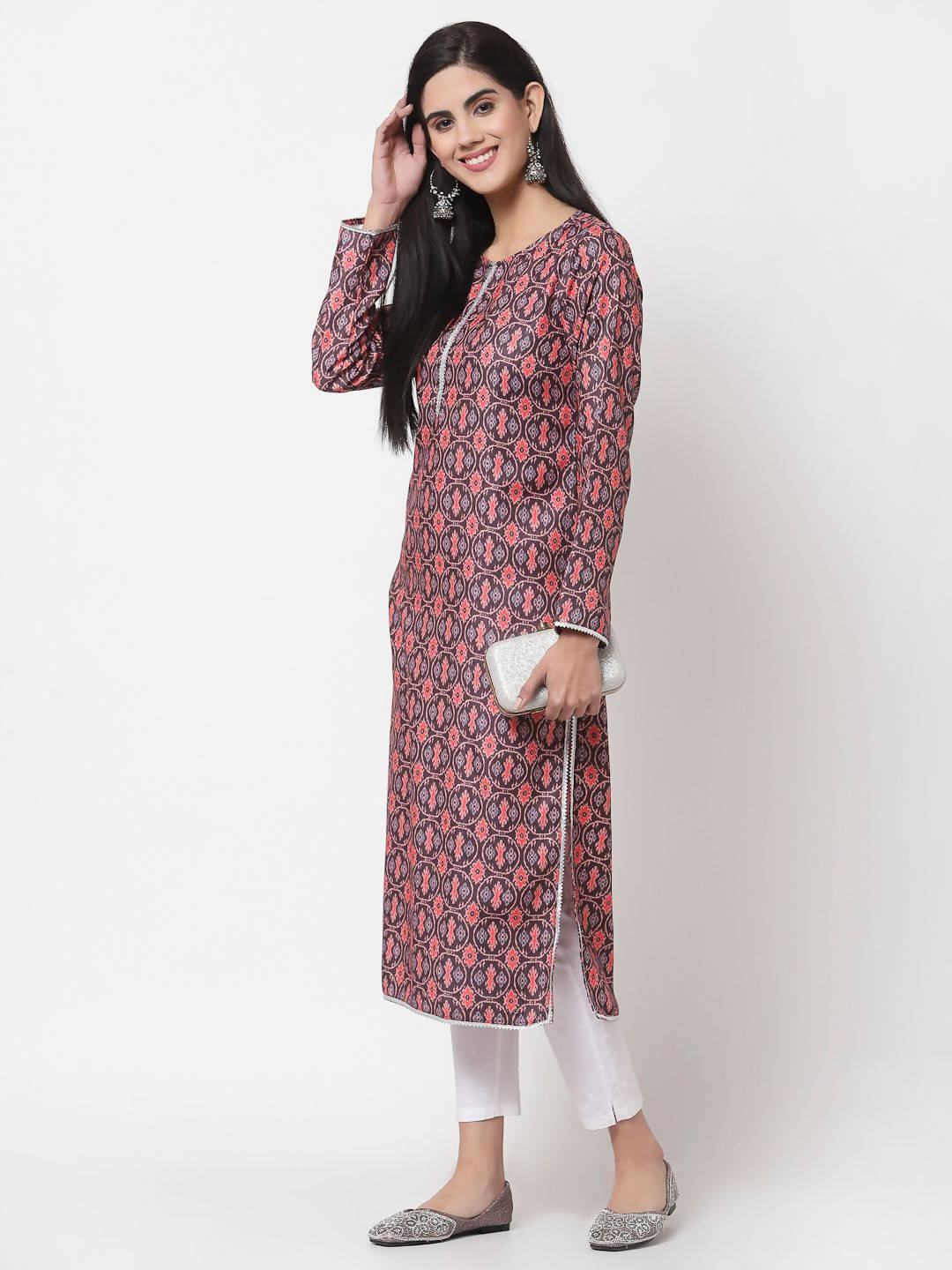 Myshka Multi Printed Polyester Full Sleeve Round Neck Casual Kurta