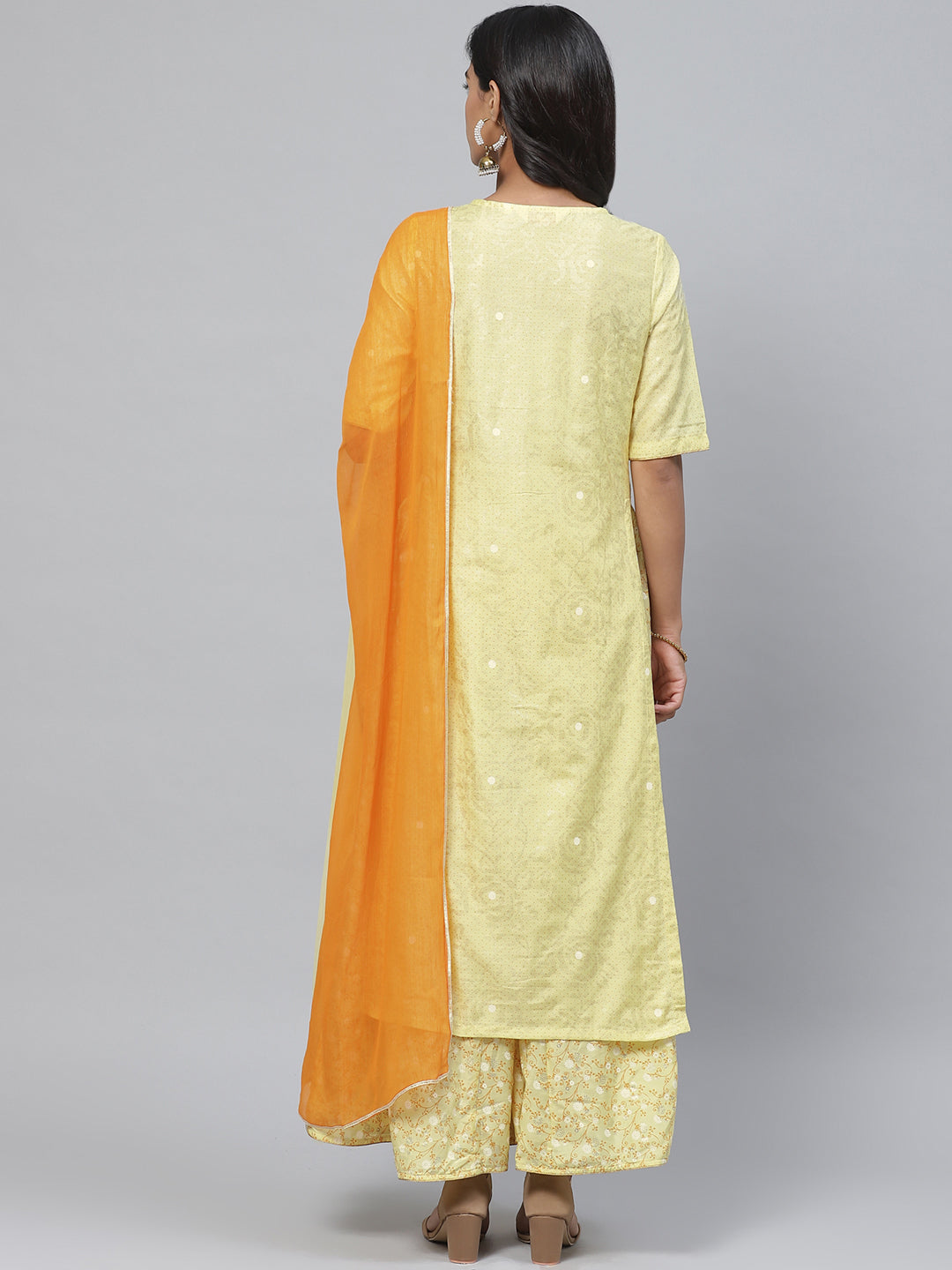 Biba Women Yellow & Orange Printed Kurta with Palazzos & Dupatta - Distacart