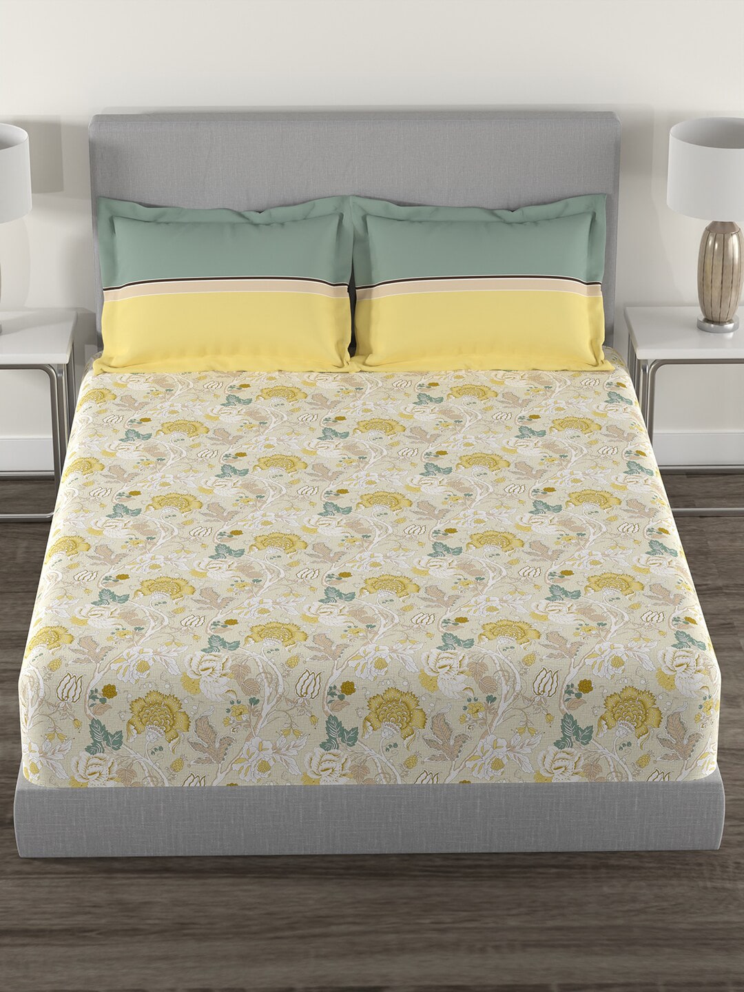 MYTRIDENT Yellow White Floral Cotton 144 TC Queen Bedsheet With 2 Pillow Covers - Distacart