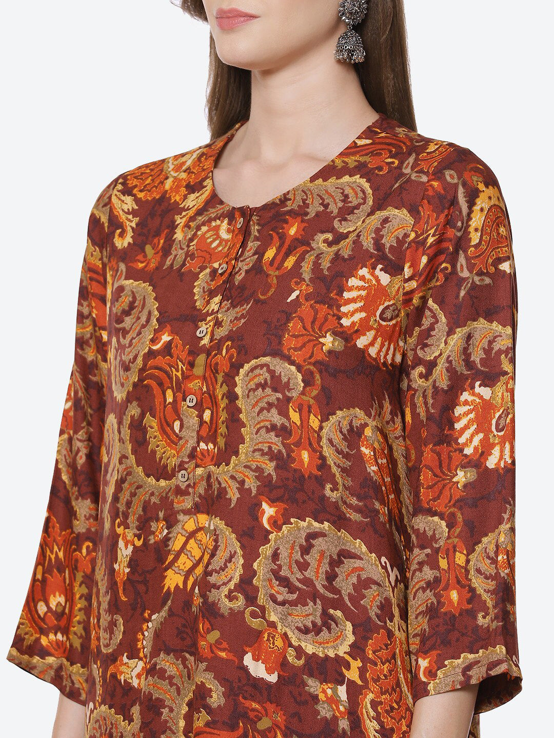 Biba Women Brown Paisley Printed Kurti with Trousers - Distacart