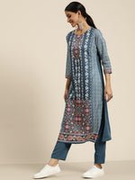 Thumbnail for Sangria Women Teal Blue & White Ethnic Printed Straight Kurta with Trousers - Distacart