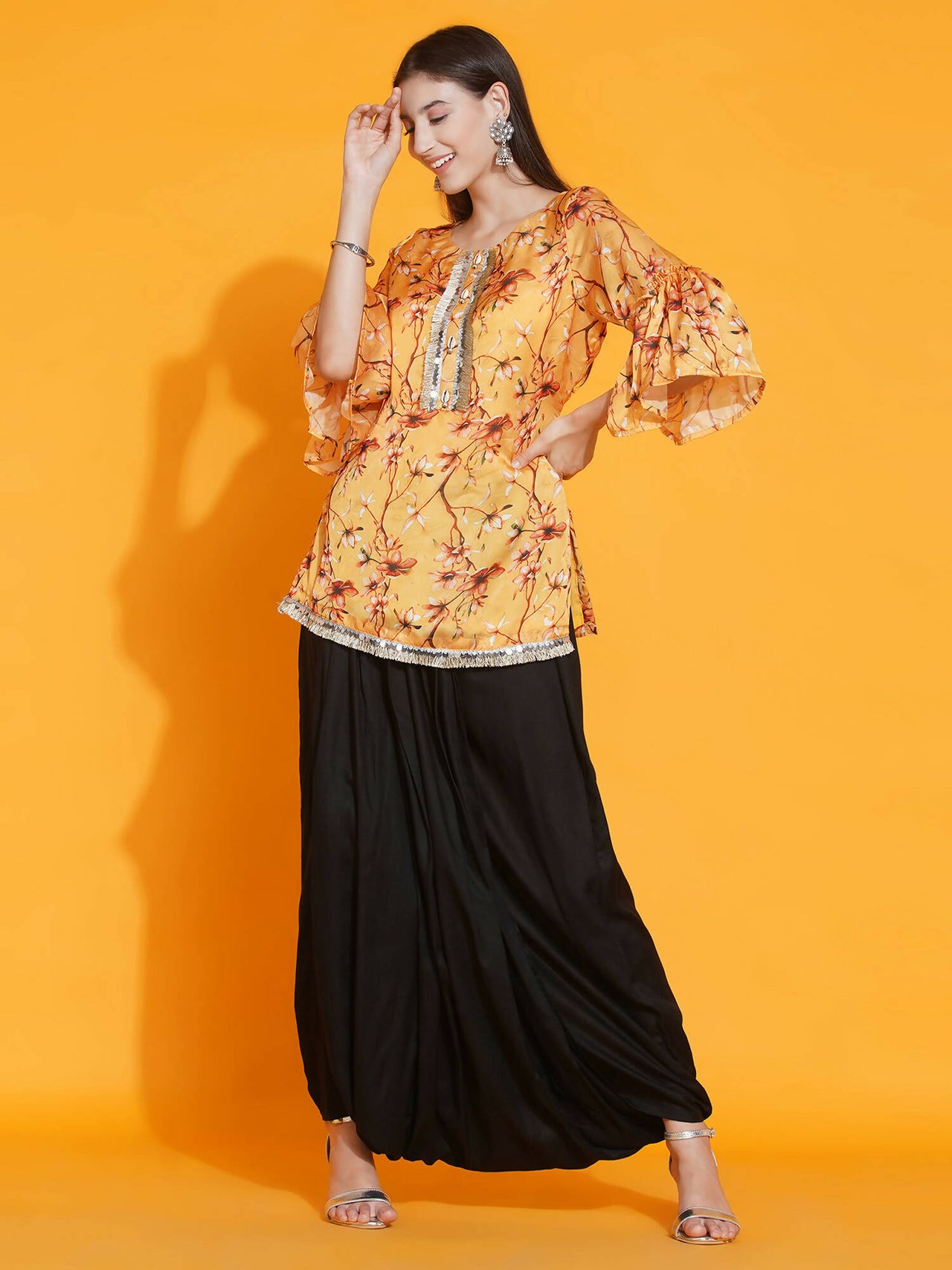 Women Republic Yellow Printed Satin Georgette Shirt With Bell Sleeves And Dhoti - Distacart