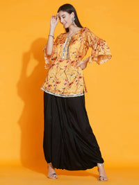 Thumbnail for Women Republic Yellow Printed Satin Georgette Shirt With Bell Sleeves And Dhoti - Distacart