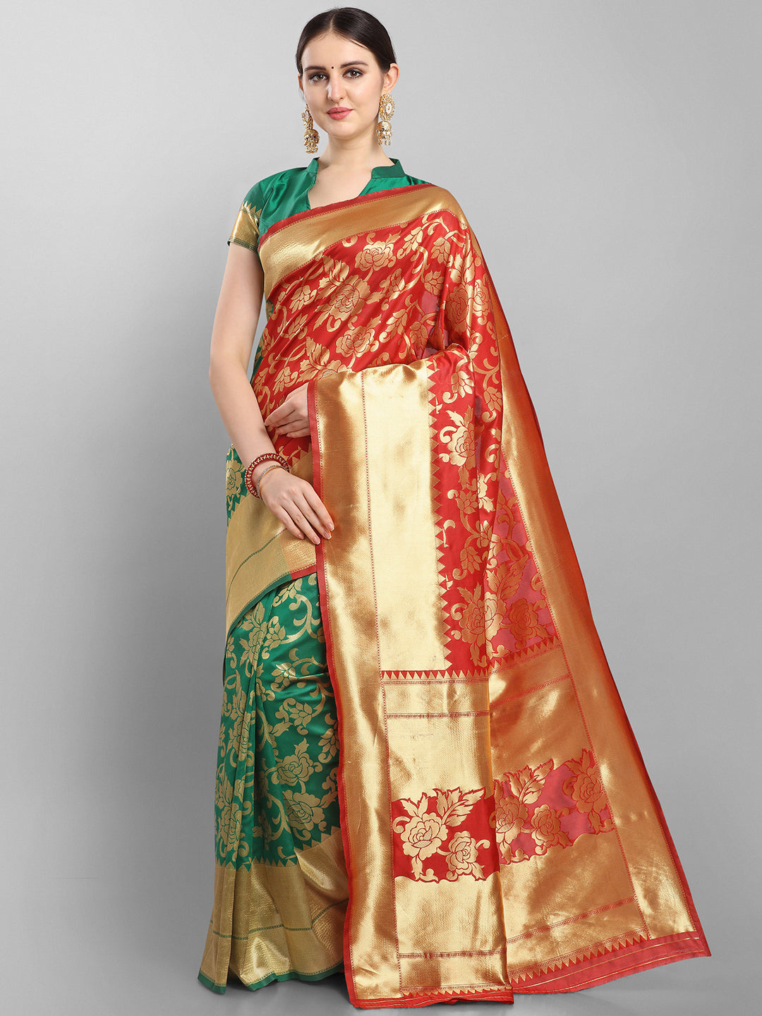 Kalini Red & Green Floral Zari Silk Blend Banarasi Saree - Distacart