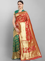 Thumbnail for Kalini Red & Green Floral Zari Silk Blend Banarasi Saree - Distacart